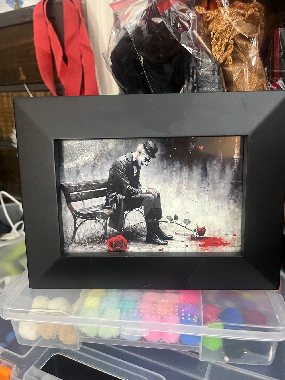 Black Framed Home Art Print 4x6 Lonely Clown with Red Rose Accent 443